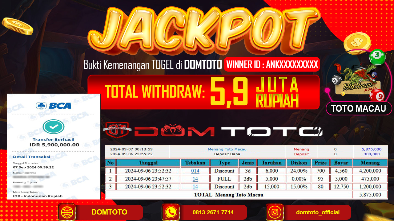 JACKPOT TOGEL TOTO MACAU 07 SEPTEMBER 2024